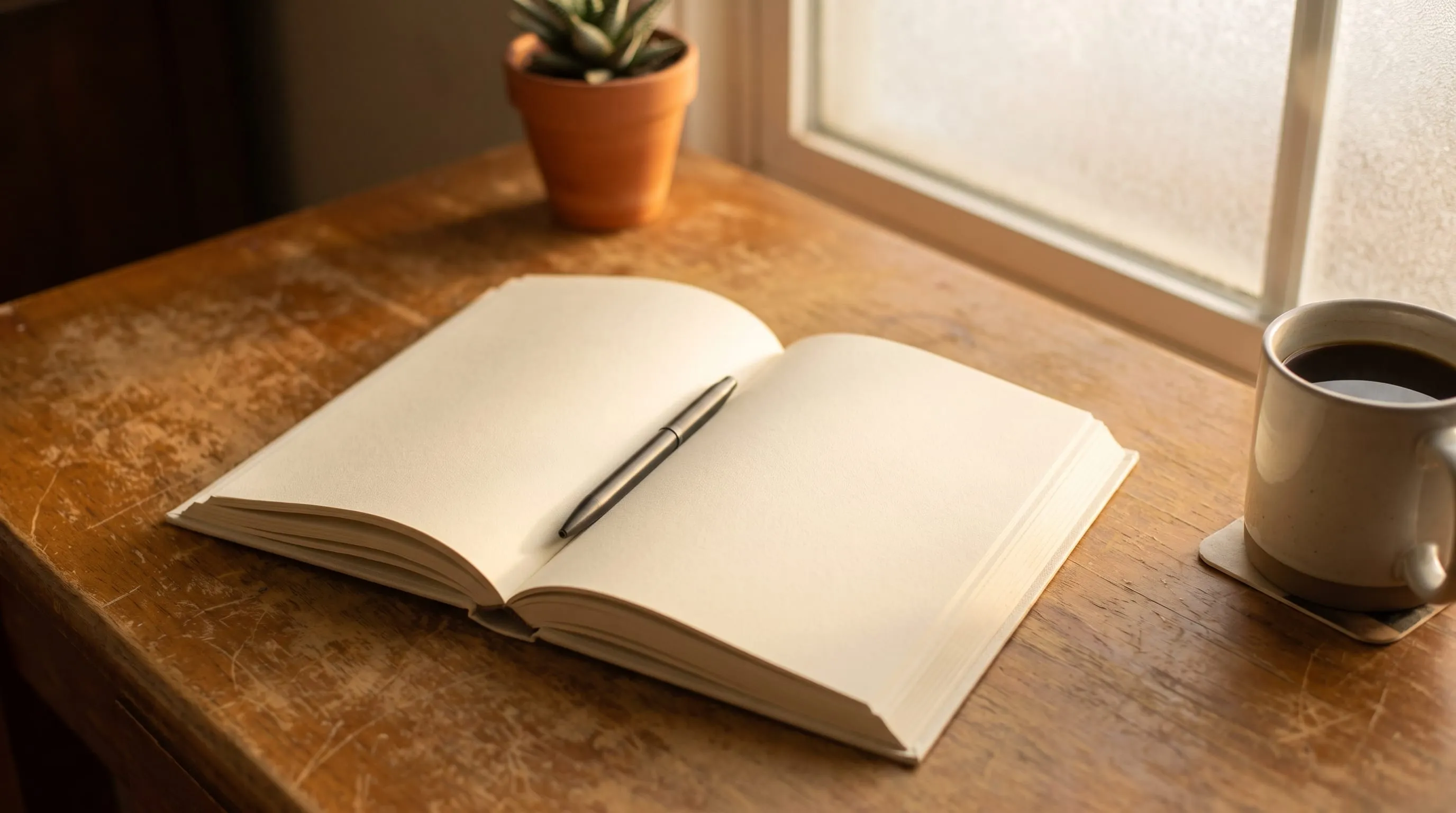 An open blank notebook on a wooden table by a window, a small potted plant and a mug beside it in warm morning light