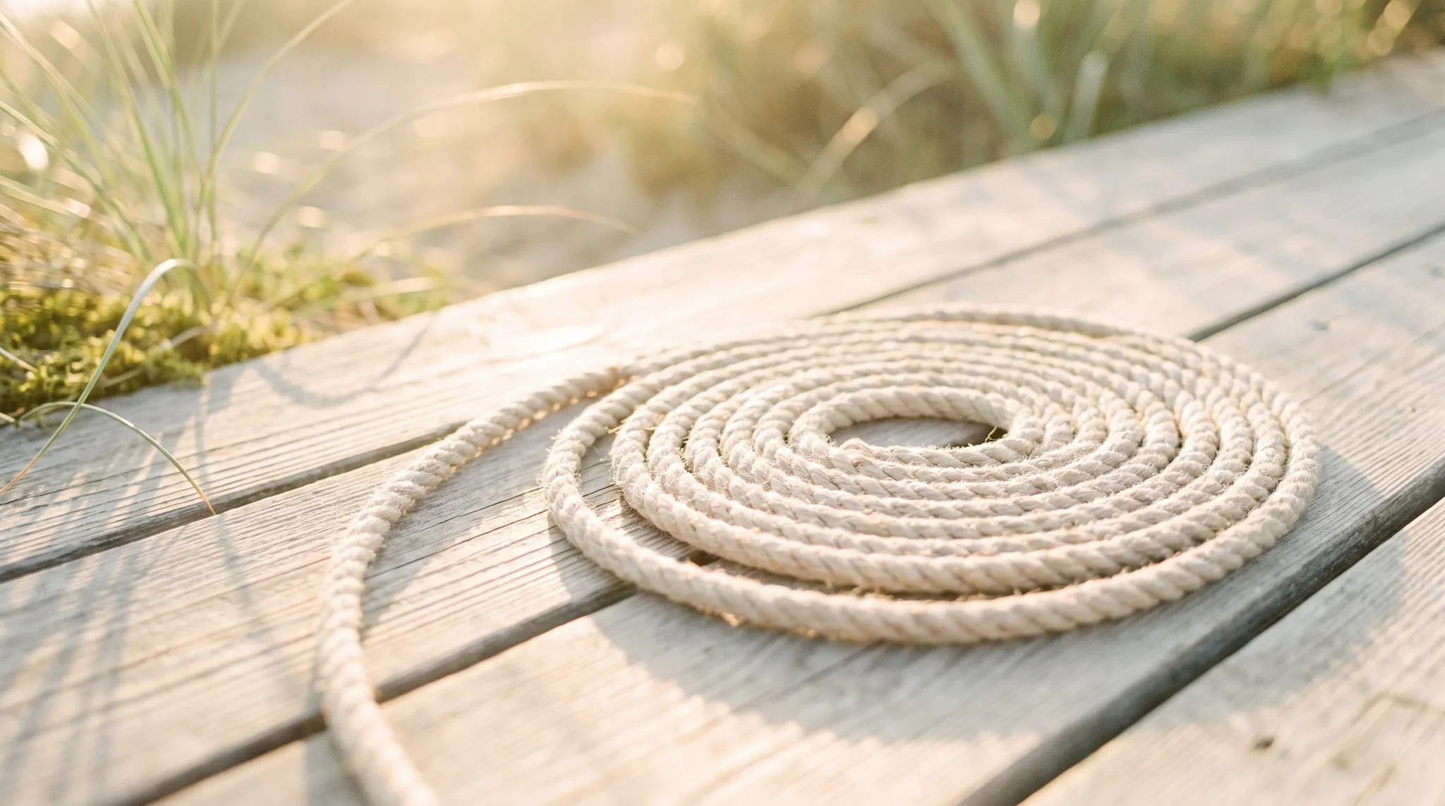 A natural rope neatly coiled into a flat spiral on pale weathered boards