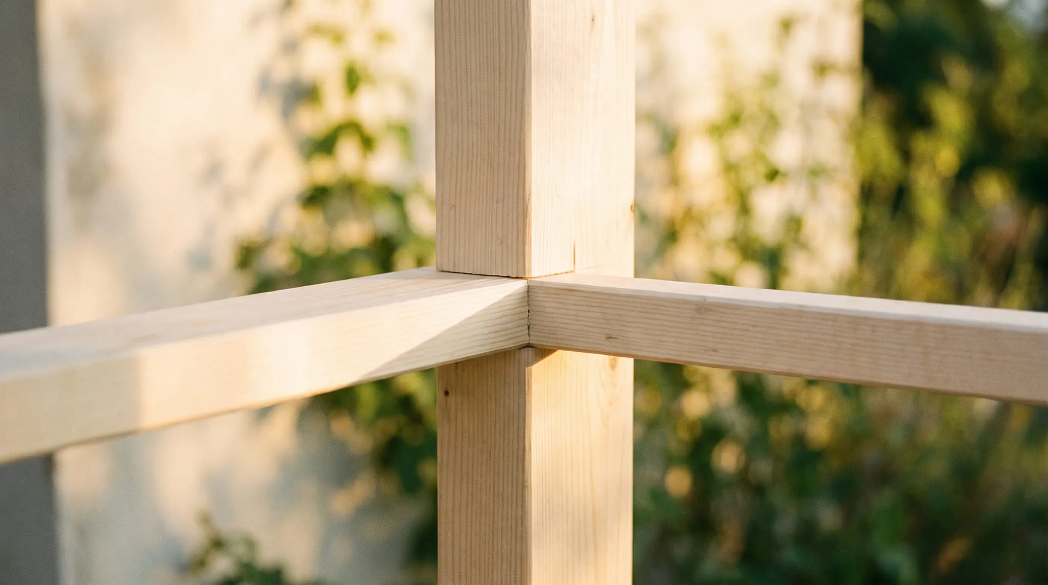 Two pale timber uprights and a crosspiece joined at a right angle, warm golden light across the grain