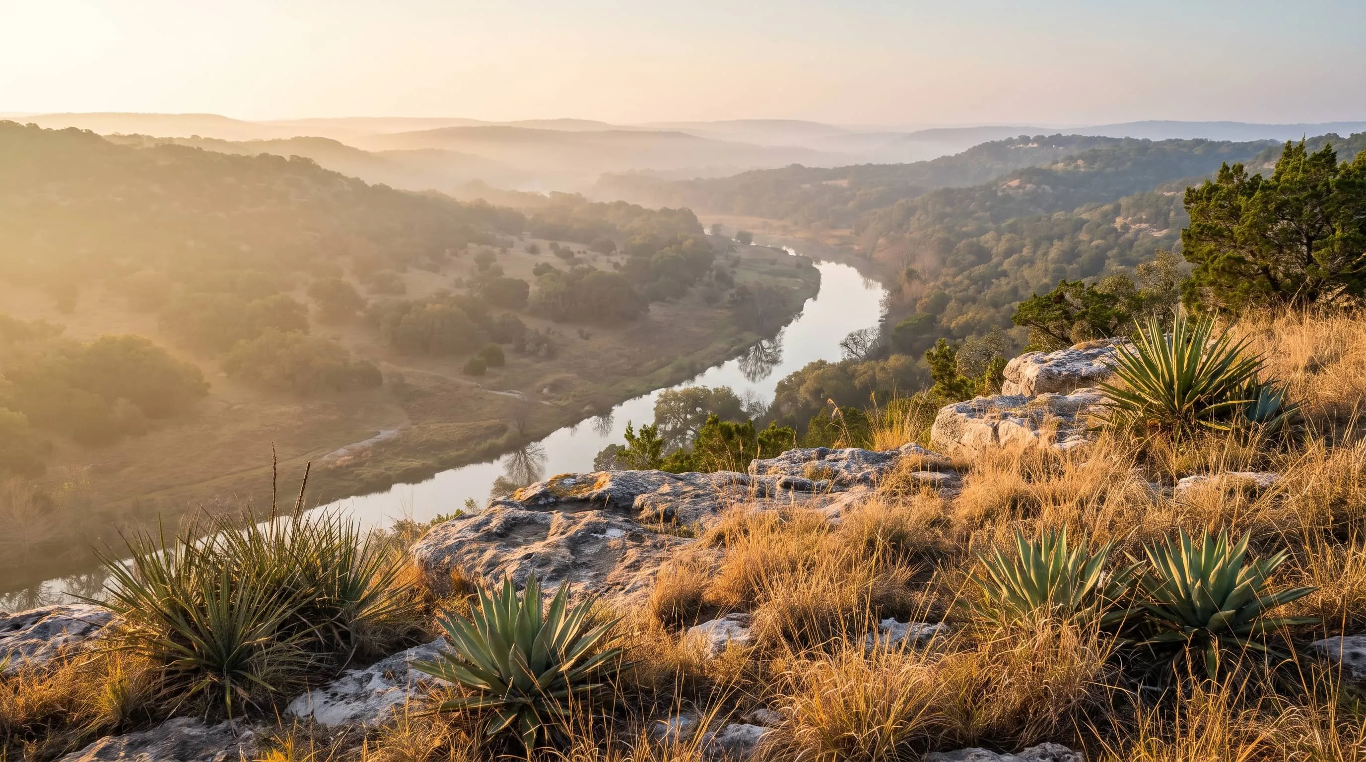 A wide view at sunrise from a limestone overlook in the Texas Hill Country, cedar and live oak hills fading into haze above a winding river