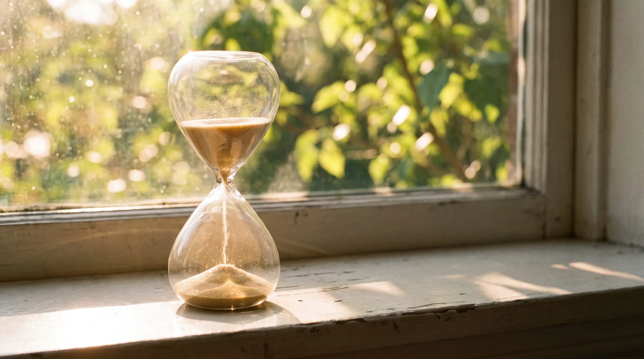 A glass hourglass on a sunlit windowsill, sand part way through, green leaves blurred outside