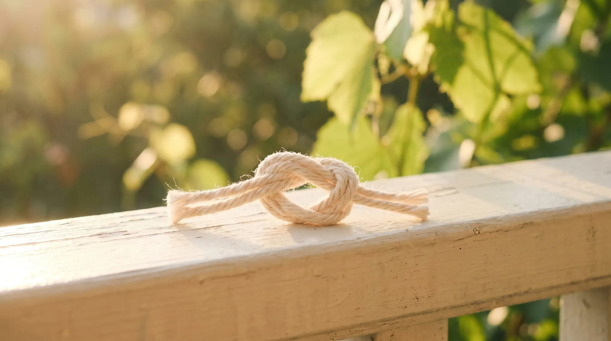 A single tight knot in natural twine on a pale sunlit table, green garden foliage blurred behind