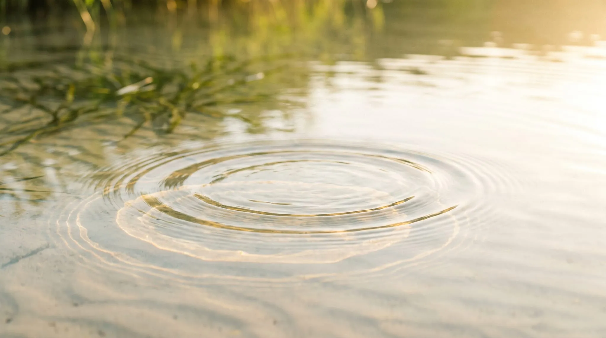 A single ripple spreading across bright shallow water over pale sand