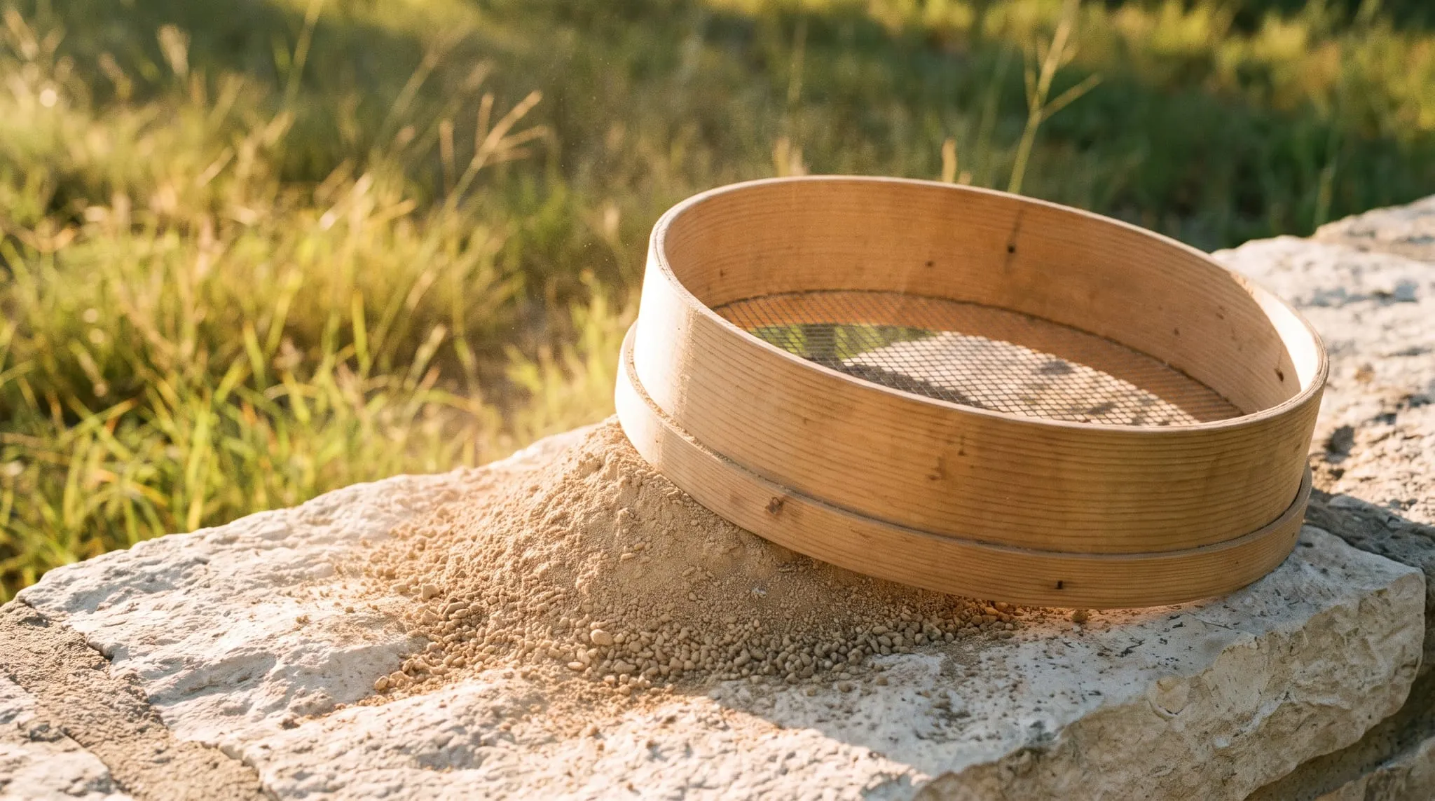 A wooden garden sieve on a limestone ledge in low golden sunlight, sifted soil fallen beneath it