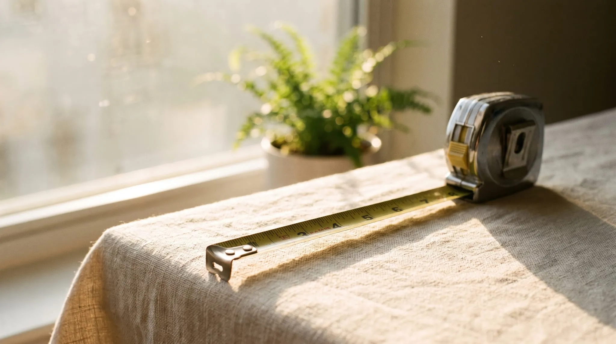 A steel tape measure extended across a pale sunlit tabletop, the markings catching the light